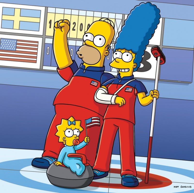 Homer, Marge, and Maggie Simpson in curling uniforms on an ice rink