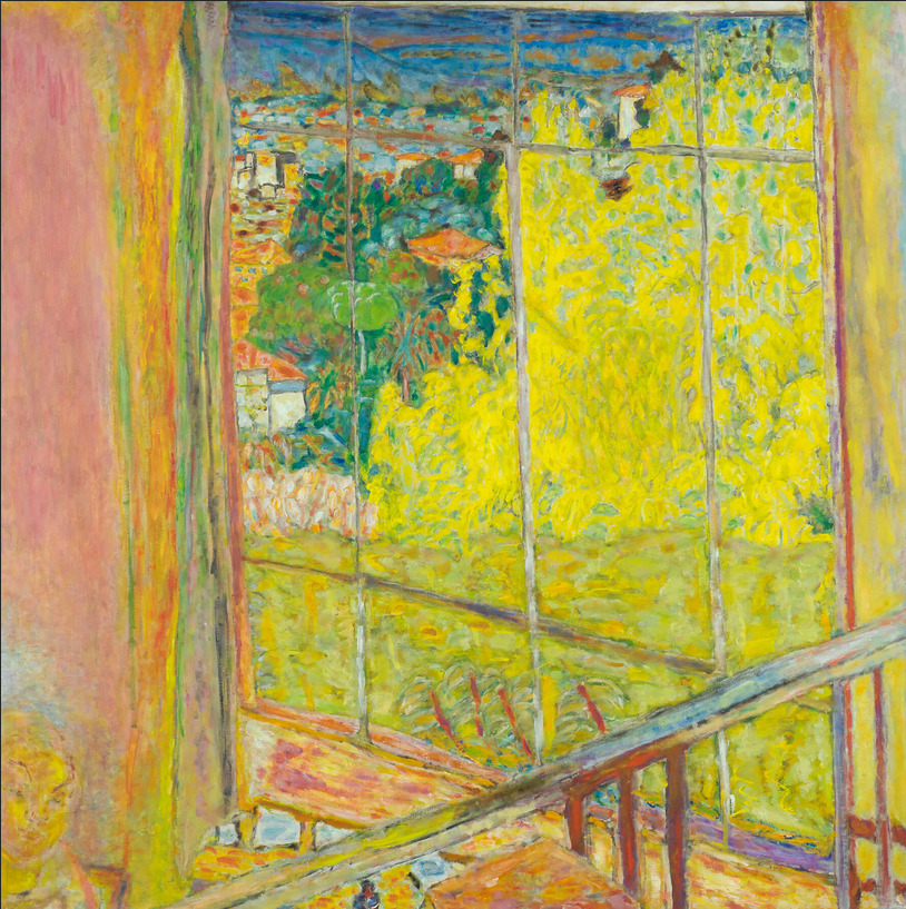 Painting of a window view from an interior with bright yellow mimosa trees and a railing outside