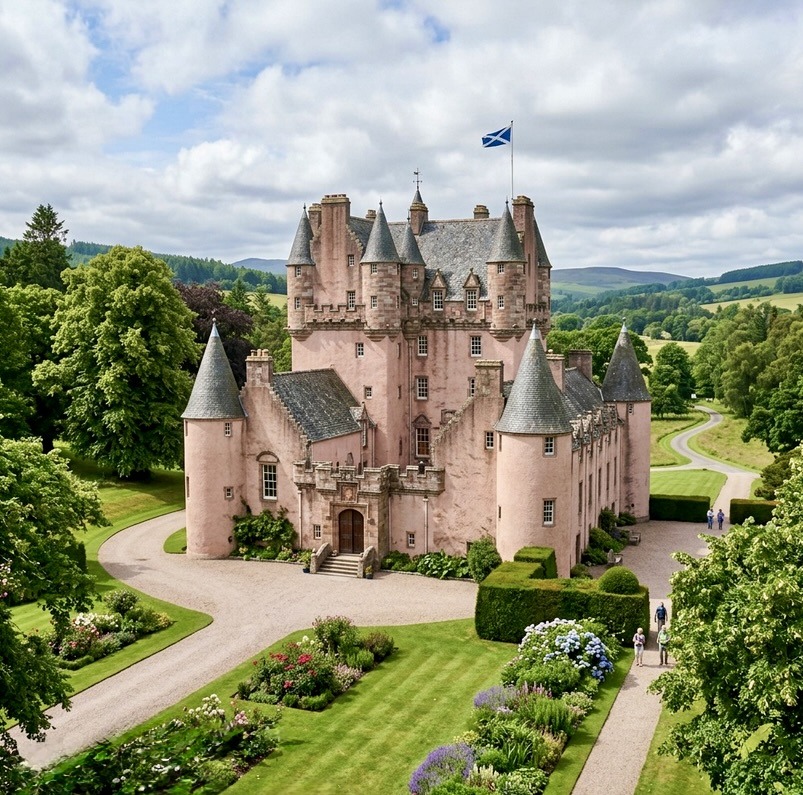 Pink Scottish castle with turrets amid green gardens and hills