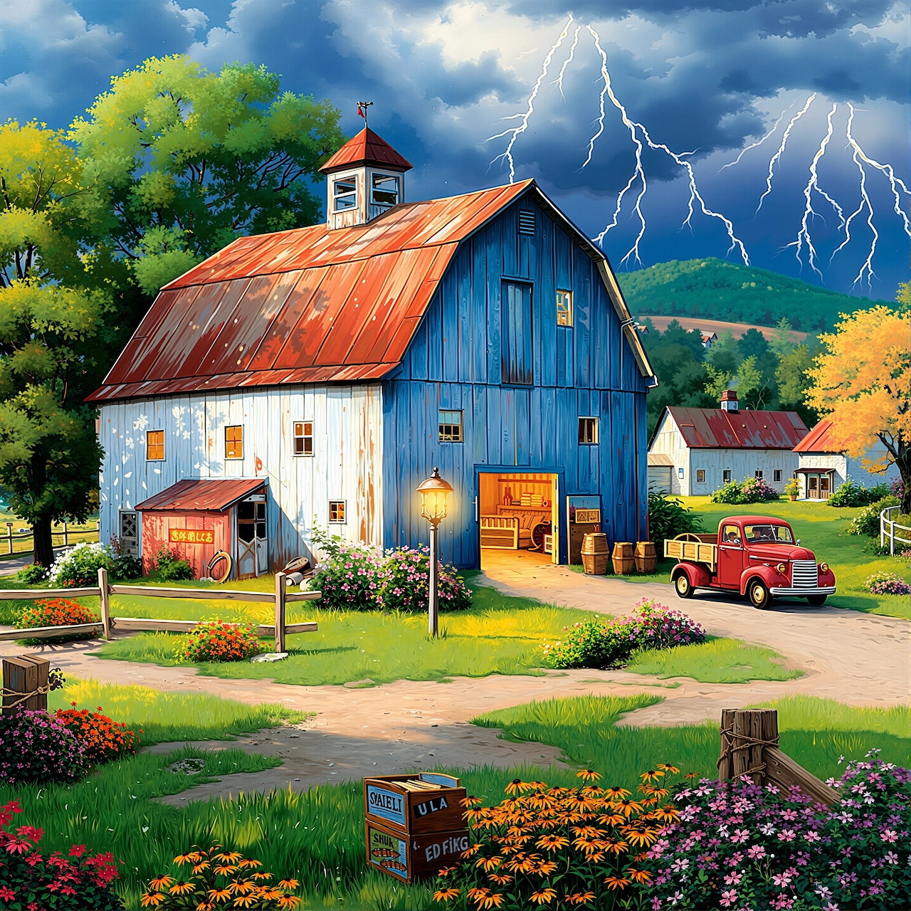 Blue barn with red roof under stormy sky with lightning bolts, red truck parked outside, autumn trees and mountains
