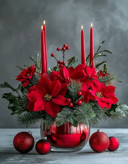 Red poinsettia centerpiece with candles and Christmas ornaments on gray surface