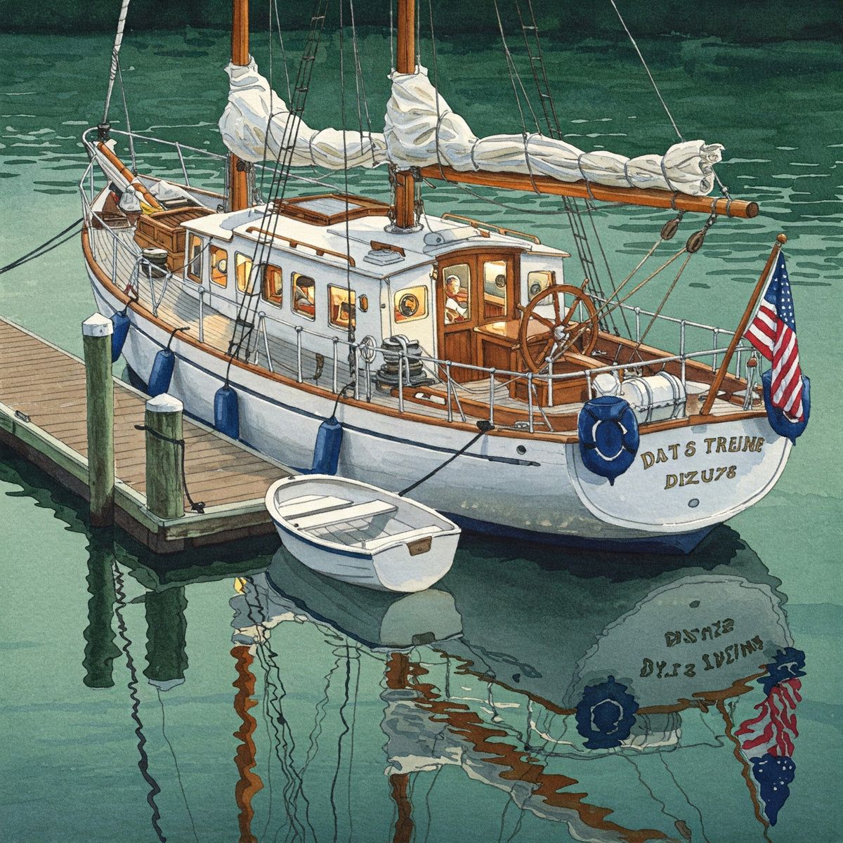 White wooden sailboat docked in calm water with a small rowboat and reflections