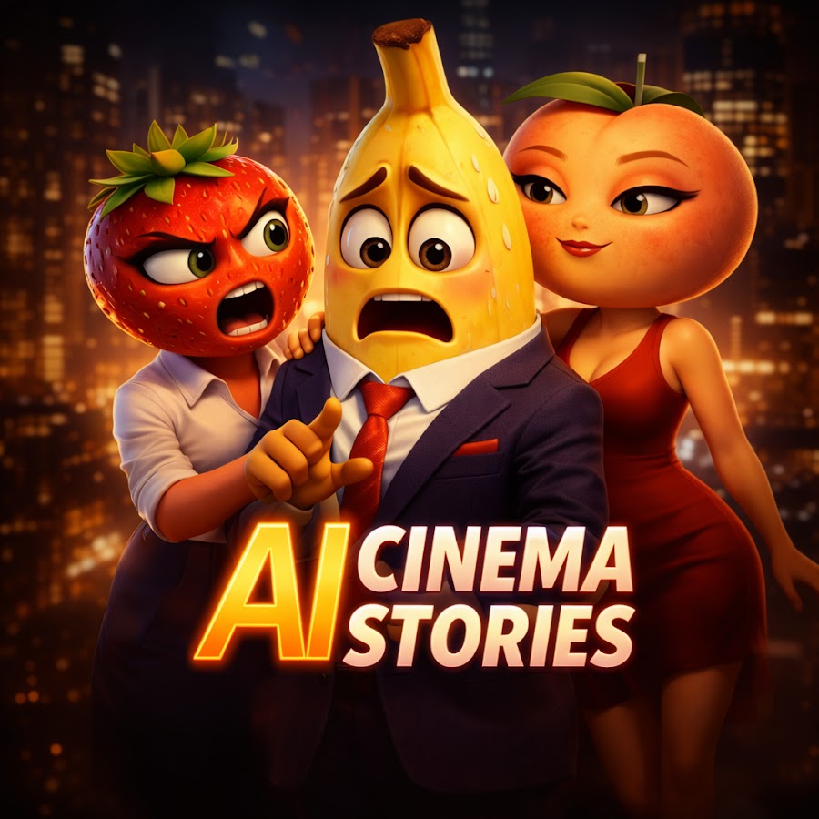Movie-poster style image of anthropomorphic strawberry, banana, and orange characters with AI Cinema Stories text