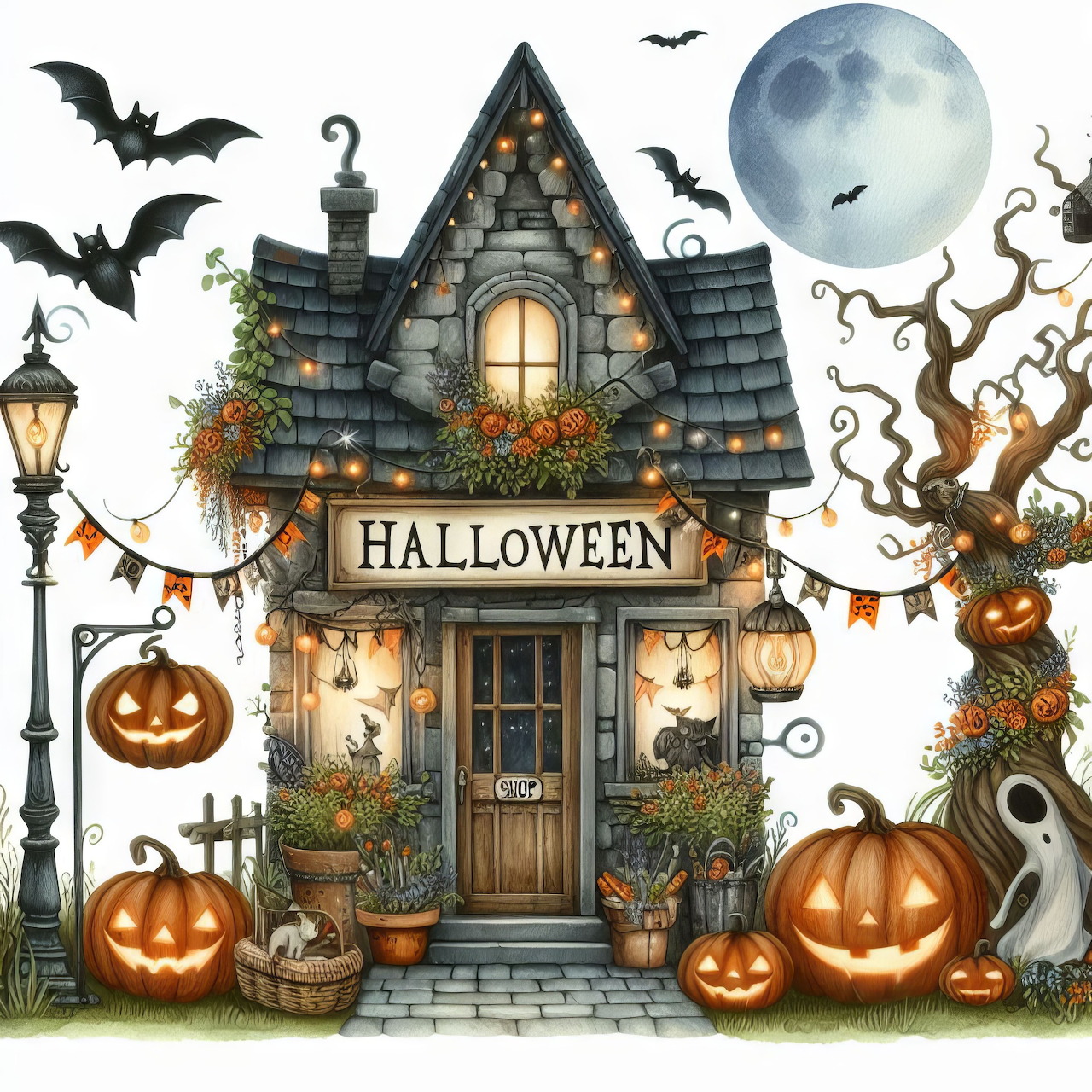 Illustrated Halloween shop cottage with jack-o'-lanterns, bats, full moon, and festive autumn decorations