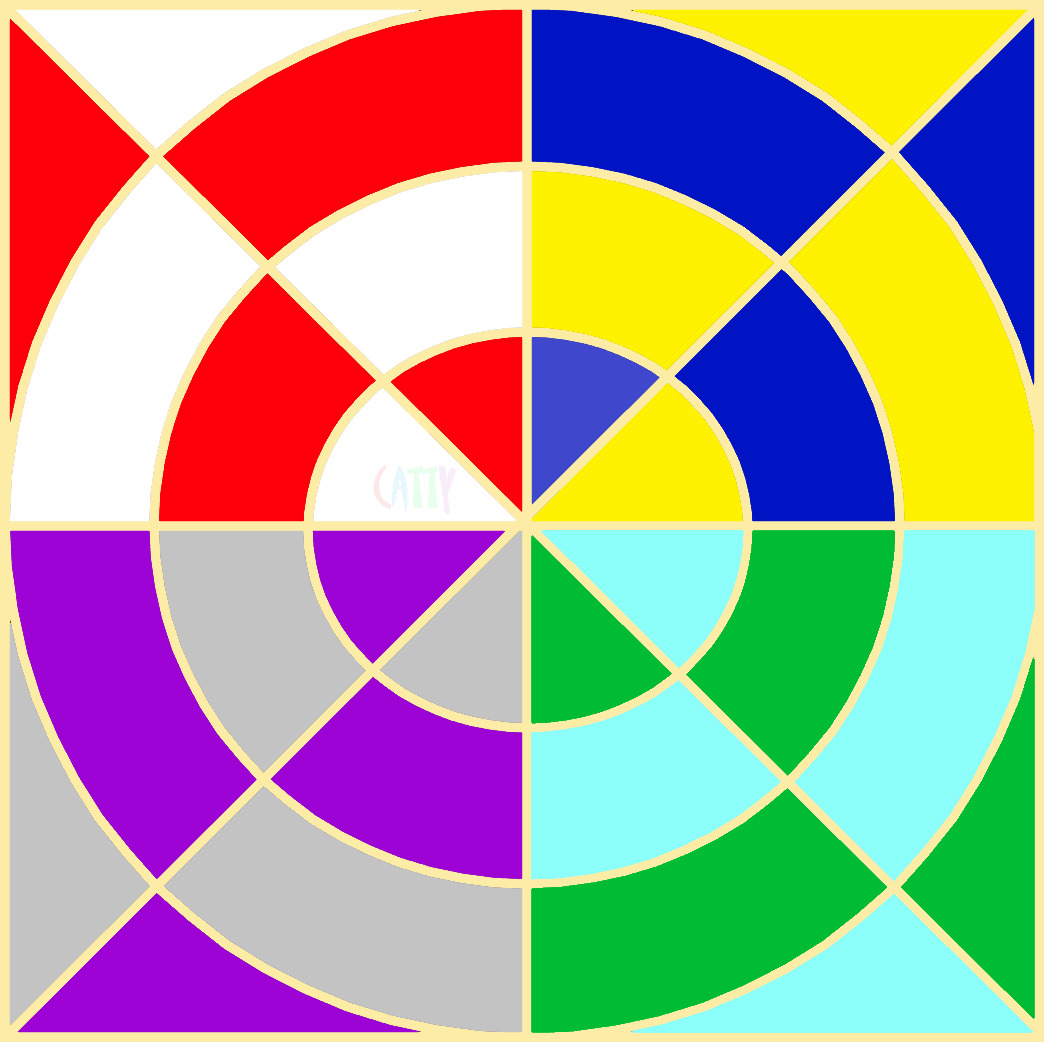 Abstract geometric art with colorful quarter circles radiating from center in symmetrical pattern