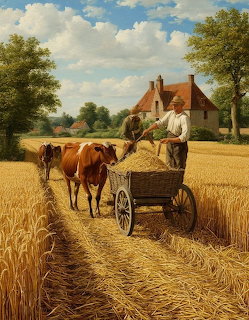Painting of a farmer on a cart behind two cows in a wheat field near a farmhouse
