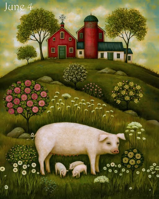 Folk art painting of a pig and piglets in a wildflower meadow with a red barn and silo on a rolling hill