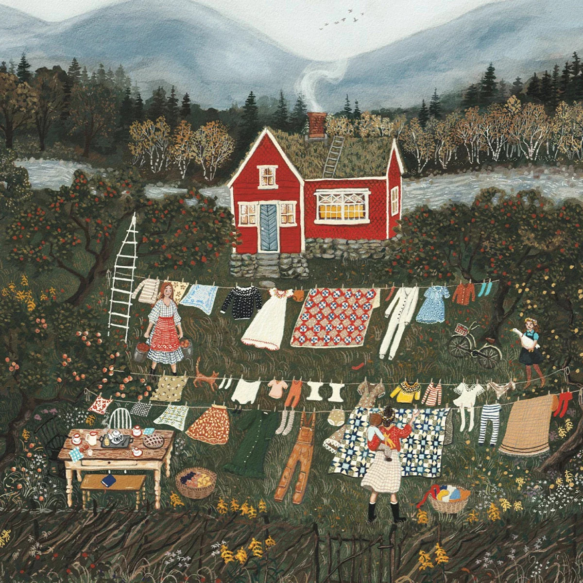 Folk art scene showing people washing clothes outside a red cottage with mountains in background