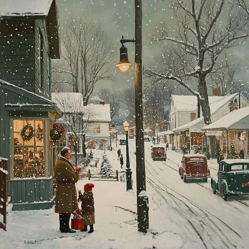 Snowy village street with houses, vintage cars, street lamp, and people in winter