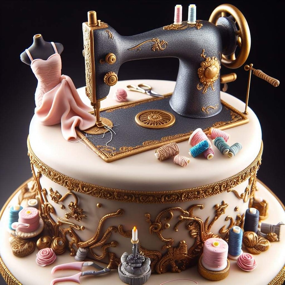 Decorated cake with a vintage sewing machine topper and small sewing accessories