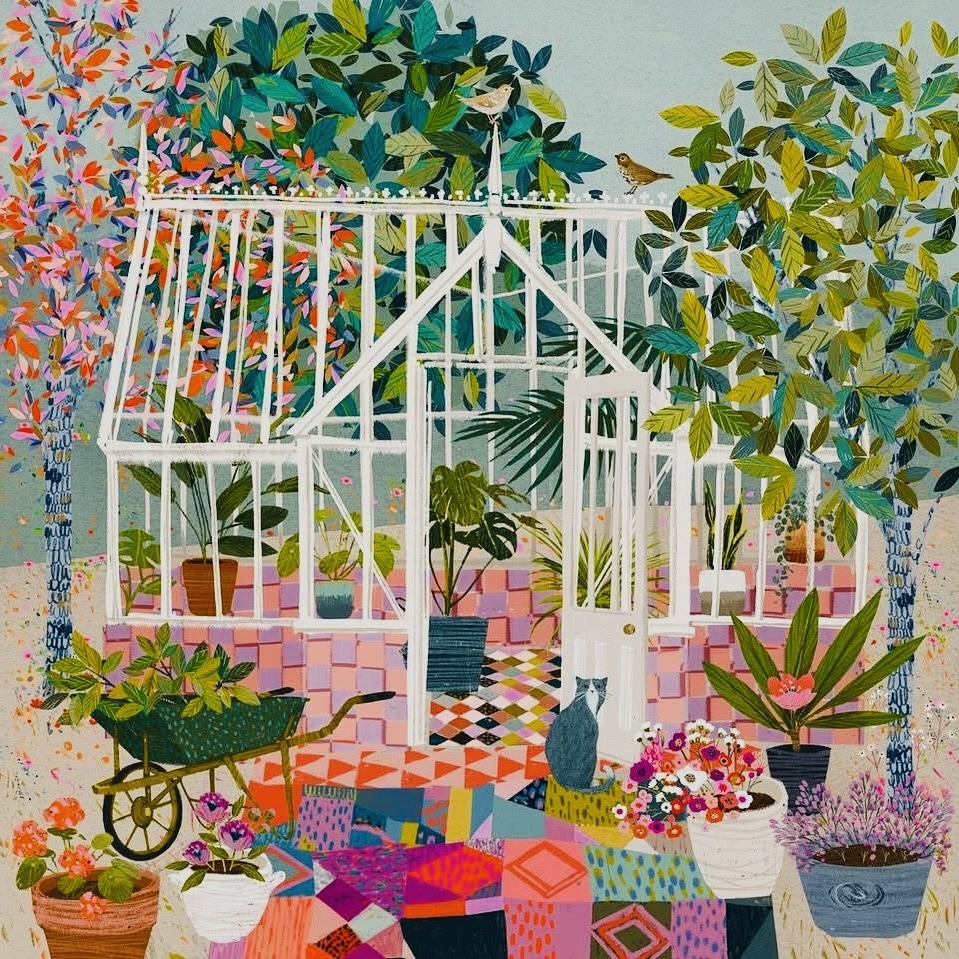 Colorful painting of a white greenhouse surrounded by potted plants, flowers, and leafy trees