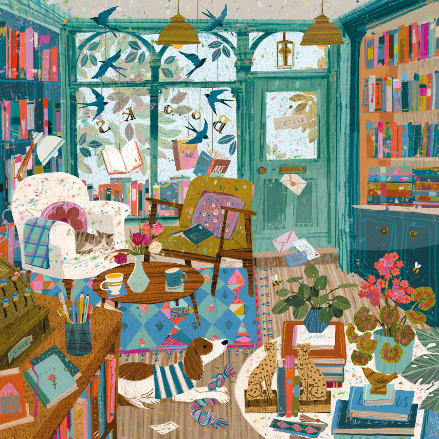 Whimsical illustration of a cozy bookstore with cats, books, armchair, and colorful shelves