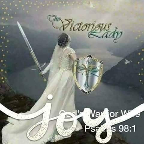 Woman in white gown wielding sword and shield with mountain lake background and inspirational text