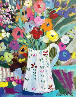 Colorful painted bouquet of flowers in white pitcher with floral pattern on multicolored background