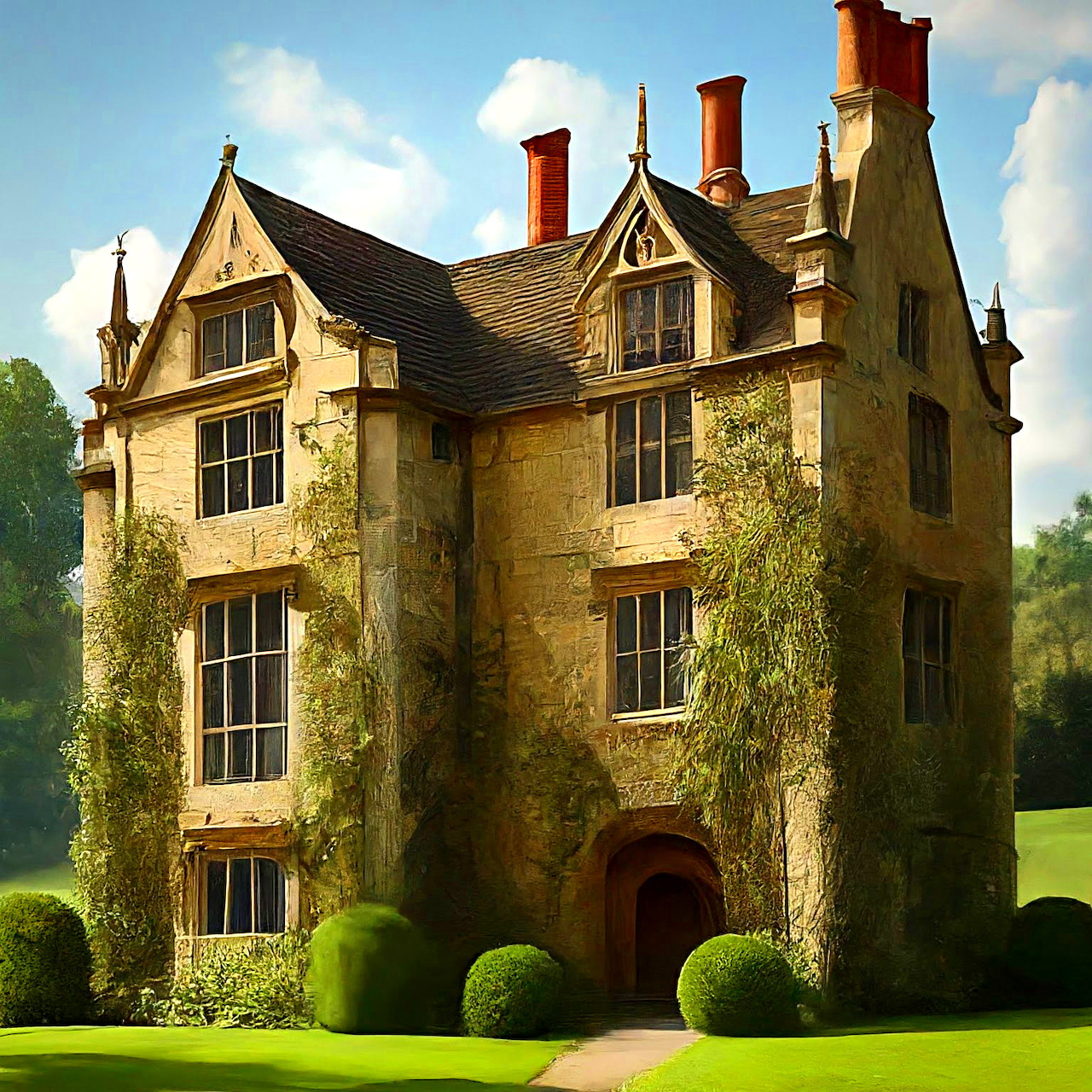 Stone English manor house covered in ivy with red chimneys and a manicured green lawn