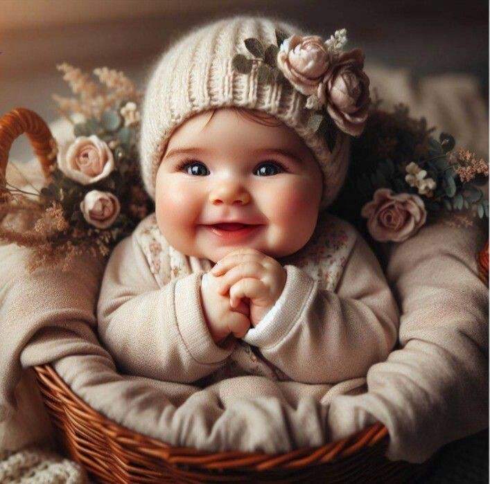 Happy baby in cream knit outfit and floral beanie sitting in wicker basket with dried flowers