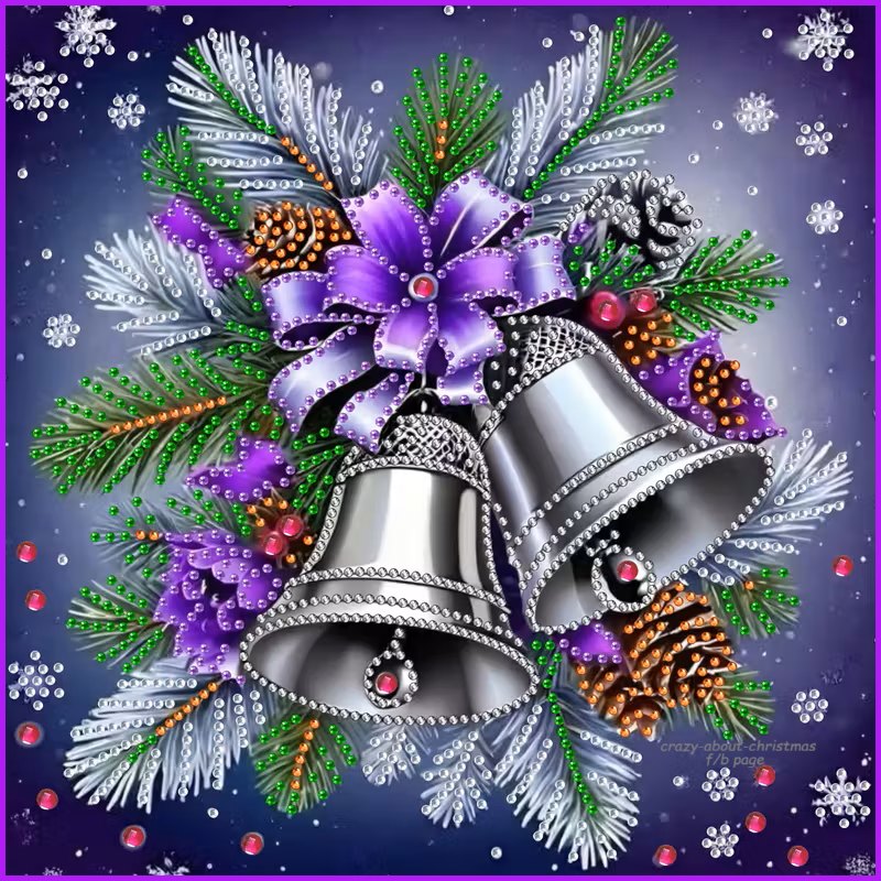 Silver Christmas bells surrounded by purple flowers, evergreen branches, pinecones and snowflakes on purple background