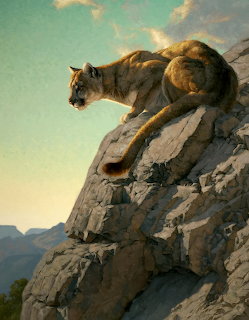Painting of a mountain lion crouching on a rocky cliff edge with mountains in the background