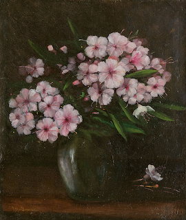 Painting of pink rhododendron flowers in a dark vase on a wooden table
