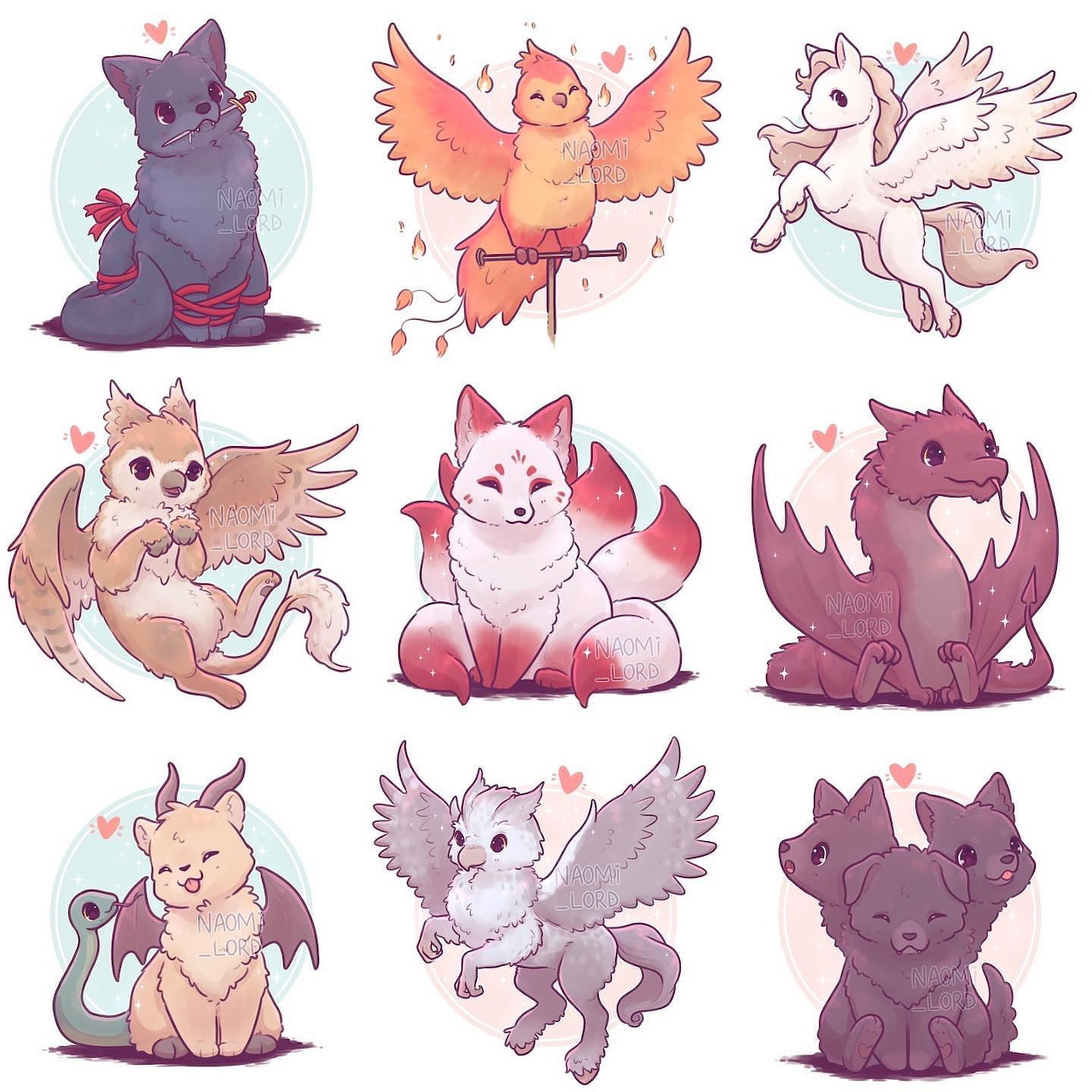 Nine cute chibi-style mythical creatures arranged in a 3x3 grid with pastel colors and small hearts