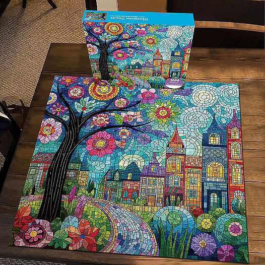 Completed puzzle and box showing a colorful town scene with flowers, houses, and a large tree