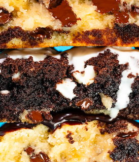 Close-up slice of chocolate marble cake with cream layers and chocolate glaze