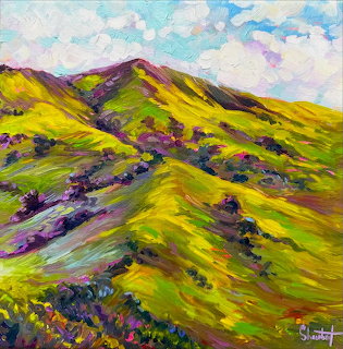 Colorful painting of rolling green hills with purple accents under a cloudy sky