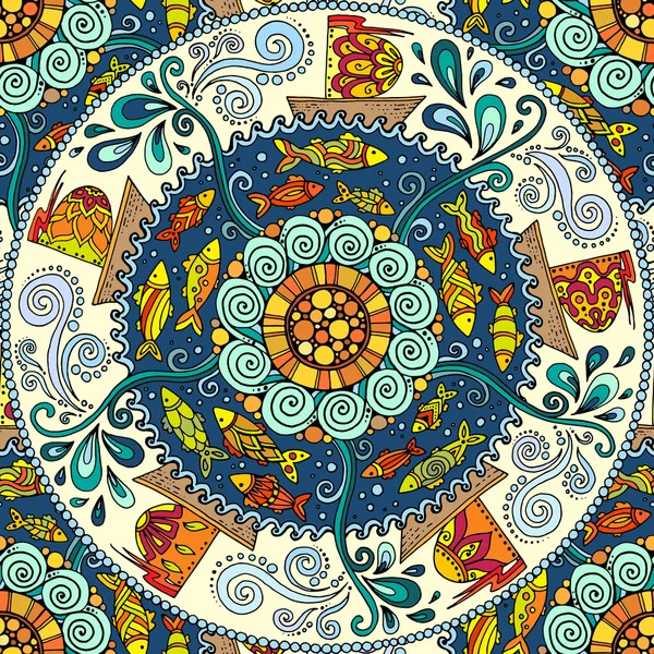 Colorful folk art mandala with ornate swirls, flowers, and traditional patterns in circular symmetry