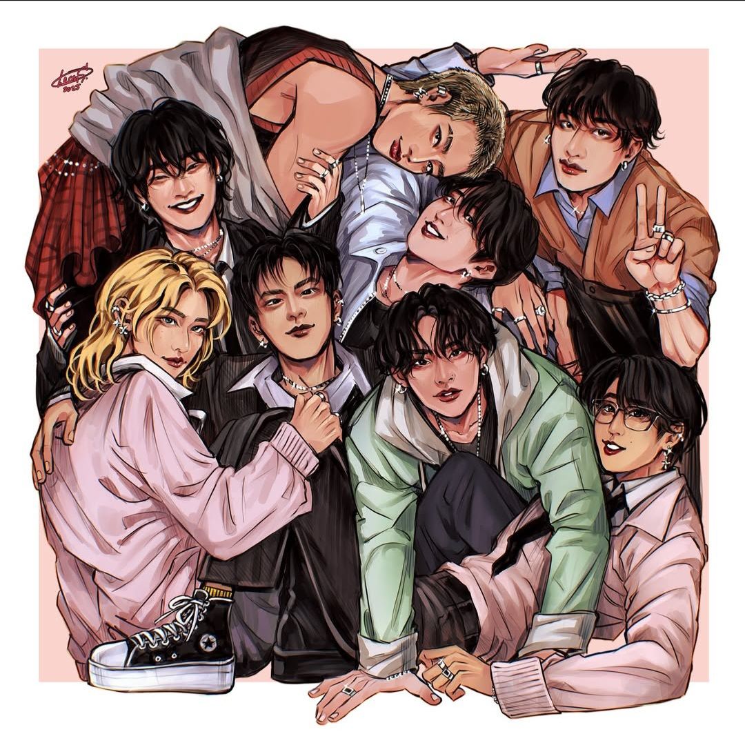 Illustrated group of eight young men in pastel outfits posing together