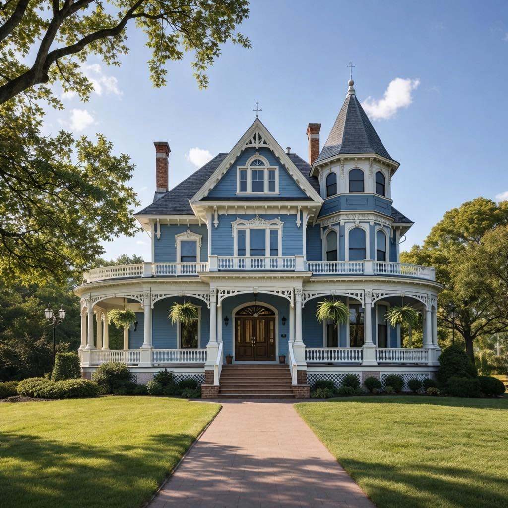 Blue Victorian house with a turret, wraparound porch, and front lawn