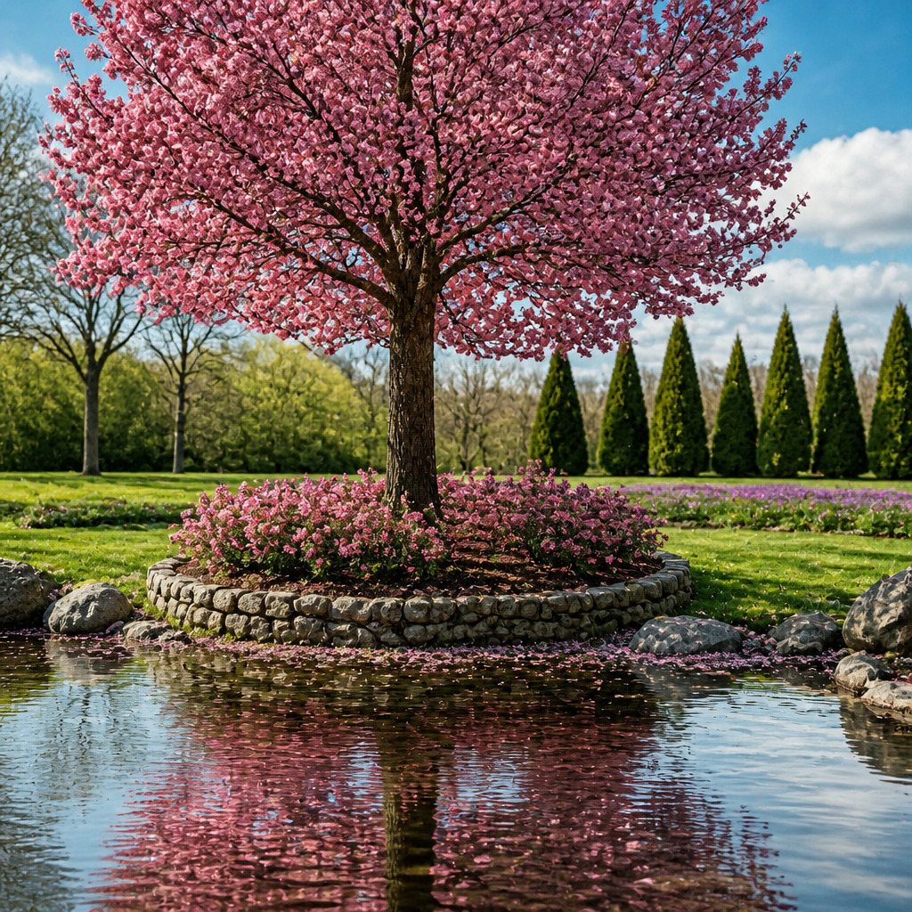 Pink blossom tree on a stone island reflected in a garden pond