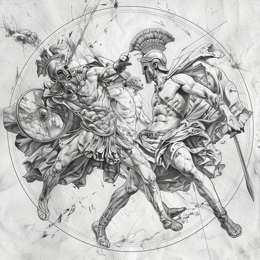 Monochrome illustration of ancient warriors fighting with swords and shields in circular composition