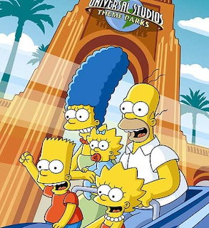 The Simpson family standing in front of Universal Studios archway