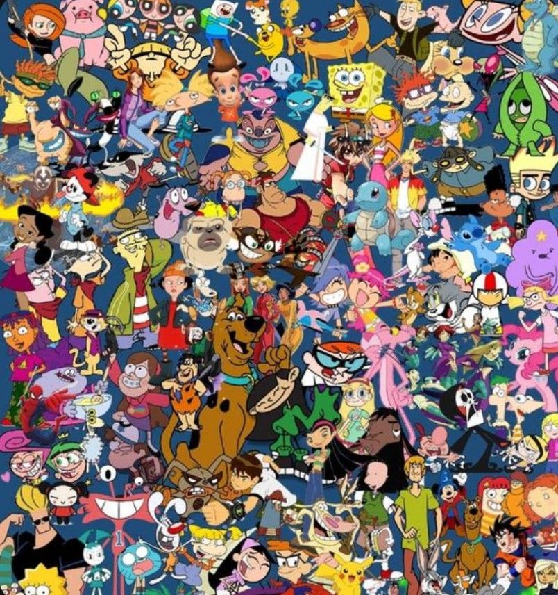 Colorful collage of many cartoon characters gathered in a dense illustrated group scene