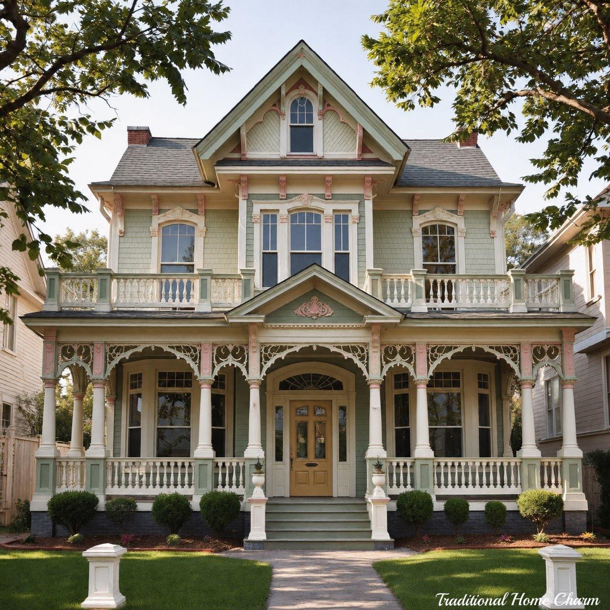 Large Victorian house with white porch, ornate railings, arched windows, surrounded by trees and green lawn