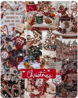 Christmas collage with gingerbread cookies, candy canes, hot cocoa, ornaments, and festive holiday decorations