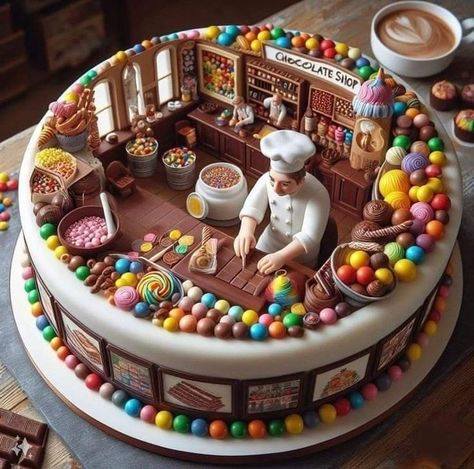 Round cake decorated as a miniature chocolate shop with candies, lollipops, and a chef figurine