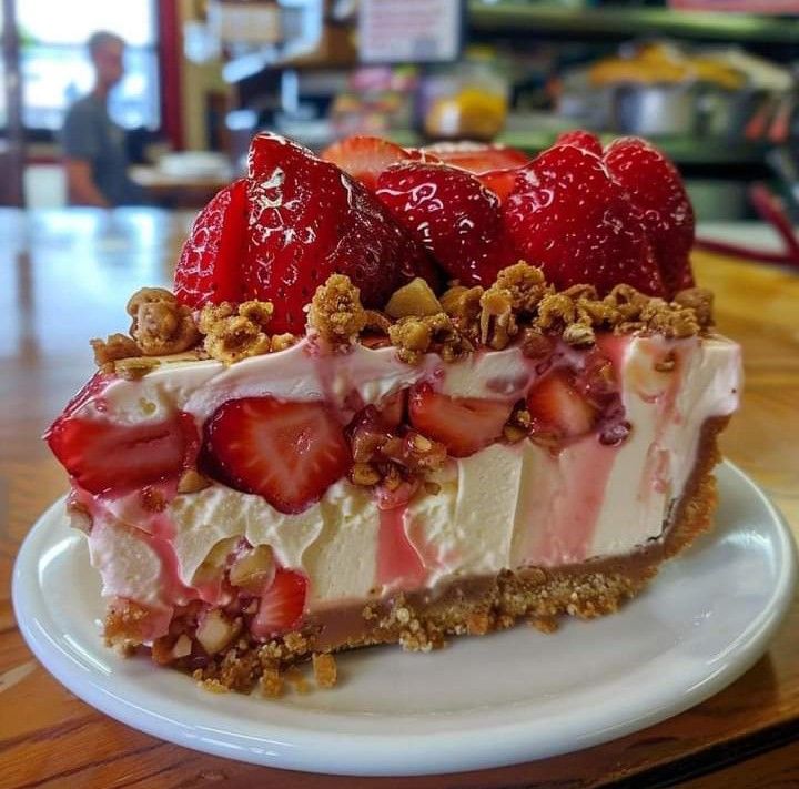 Slice of strawberry cream pie with fresh berries and whipped cream layers on a graham cracker crust