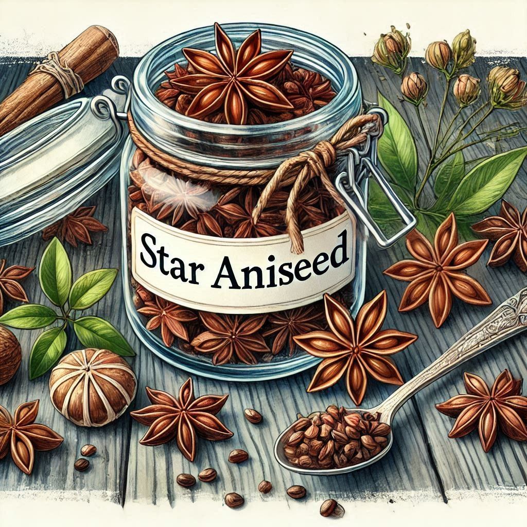 Glass jar labeled Star Aniseed with star anise pods, cinnamon sticks, and spices arranged on wooden table