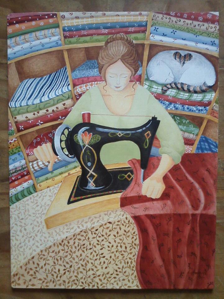 Illustration of woman sewing at machine with cat and colorful fabric rolls