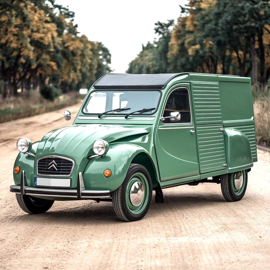 Vintage green Citroën 2CV van on dirt road surrounded by pine trees
