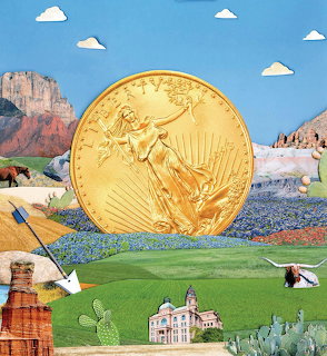 Surreal collage with a giant gold coin, green field, desert cliffs, flowers, arrows, and a small building