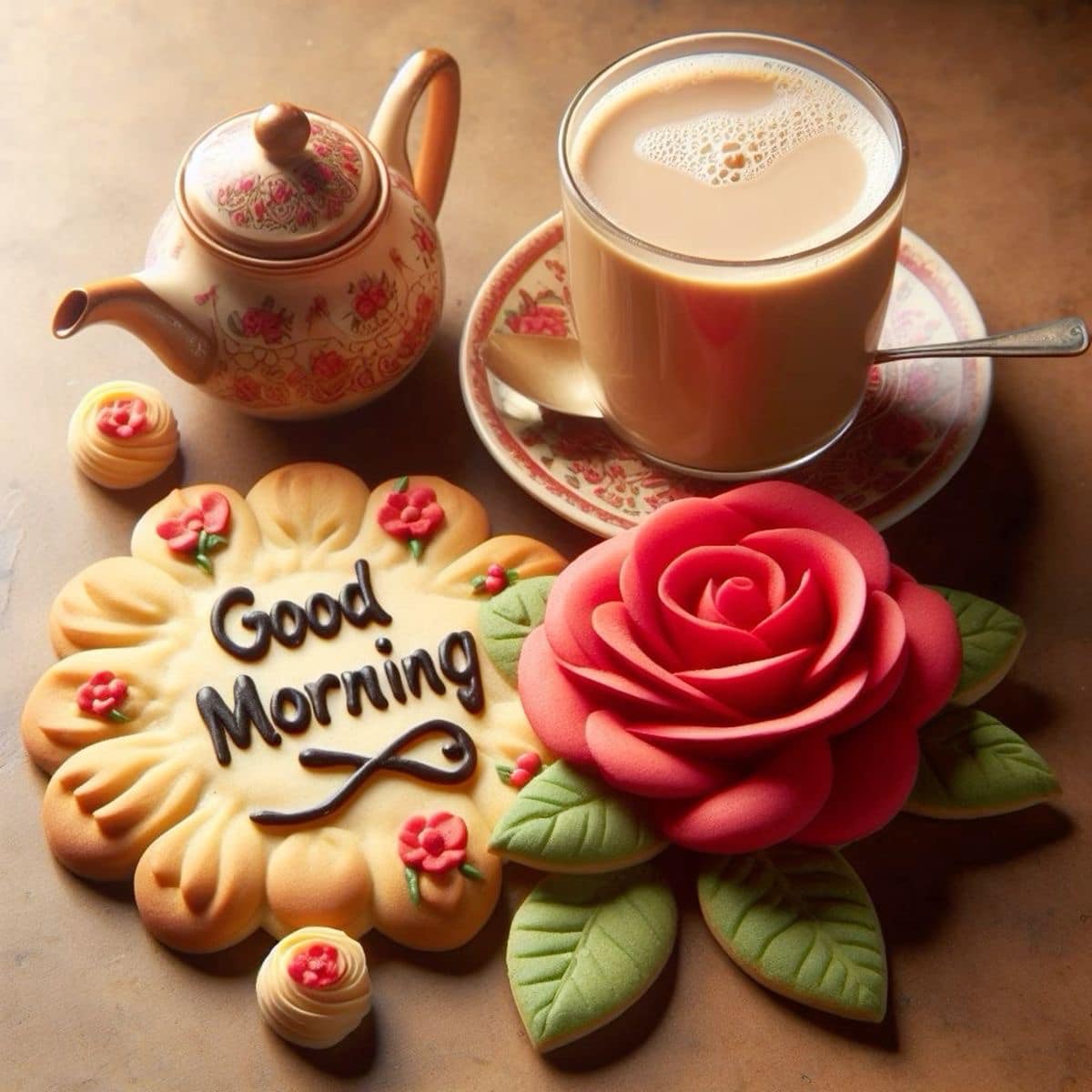Cup of coffee with a floral teapot, rose, and decorated cookies reading Good Morning