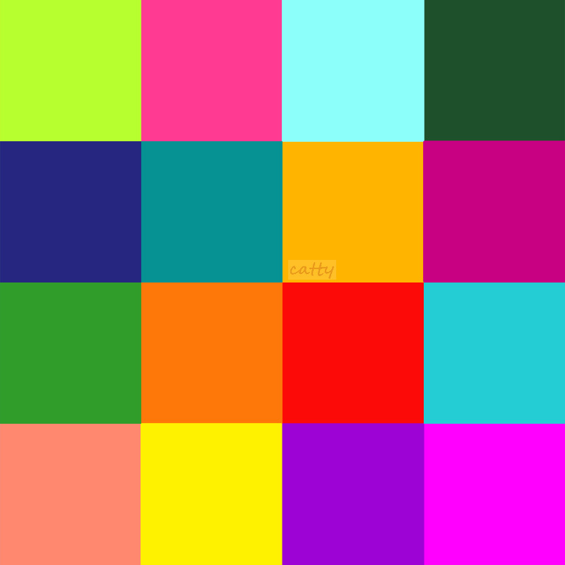 Grid of 16 colorful squares in bright solid colors arranged in 4 rows and 4 columns