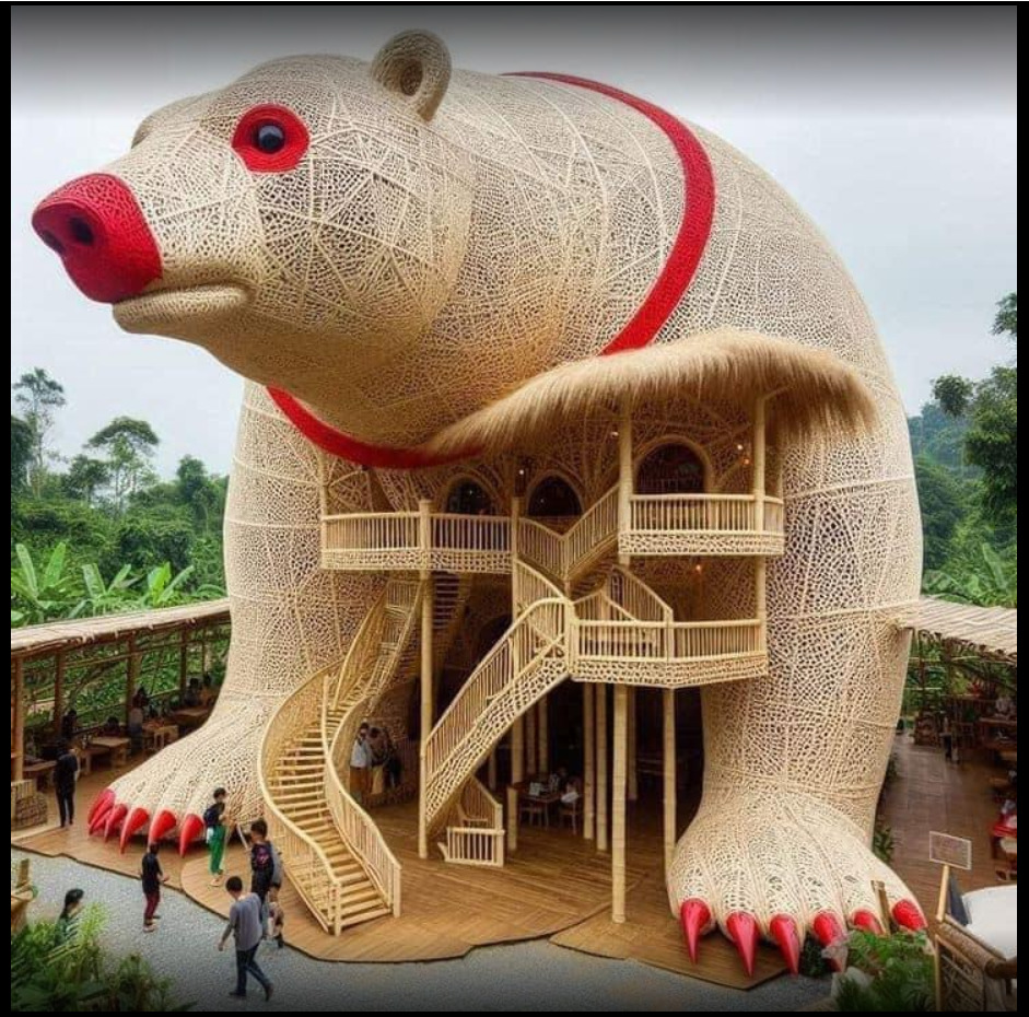 Large pig-shaped building with wooden stairs and balconies surrounded by trees