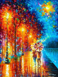 Colorful impressionist painting showing couple walking with umbrella on rainy street with glowing lamps