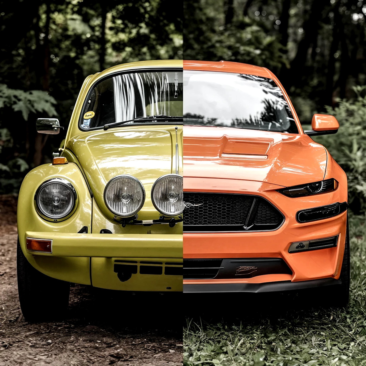 Yellow VW Beetle and orange Ford Mustang merged into single split composite vehicle