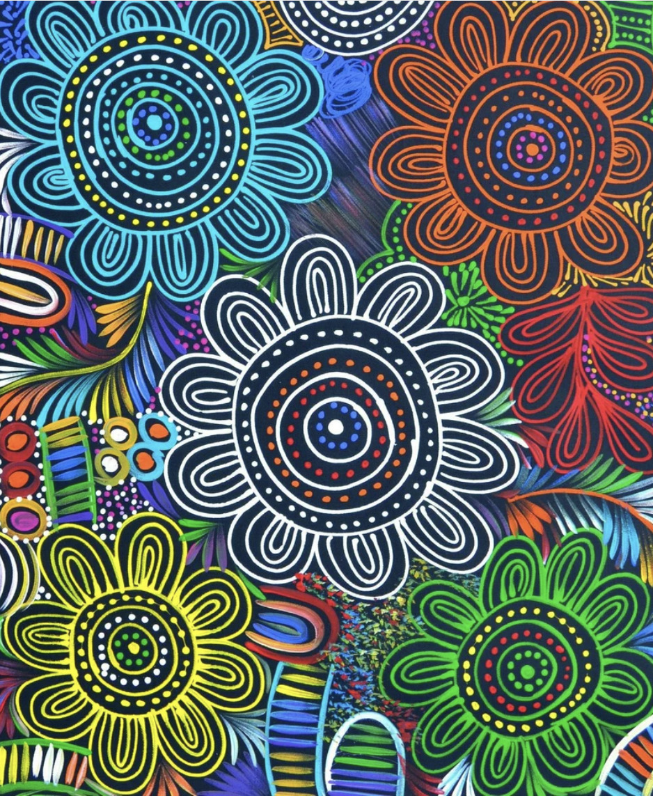 Colorful abstract floral mandala pattern on a dark background