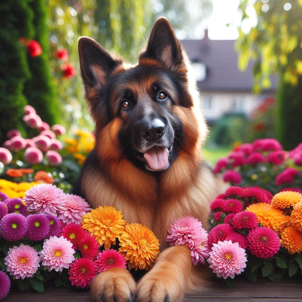 German Shepherd dog with tongue out, sitting among pink, orange, and yellow dahlia flowers in a garden
