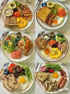 Grid of six breakfast plates with eggs, meats, toast, vegetables and various sides on white dishes
